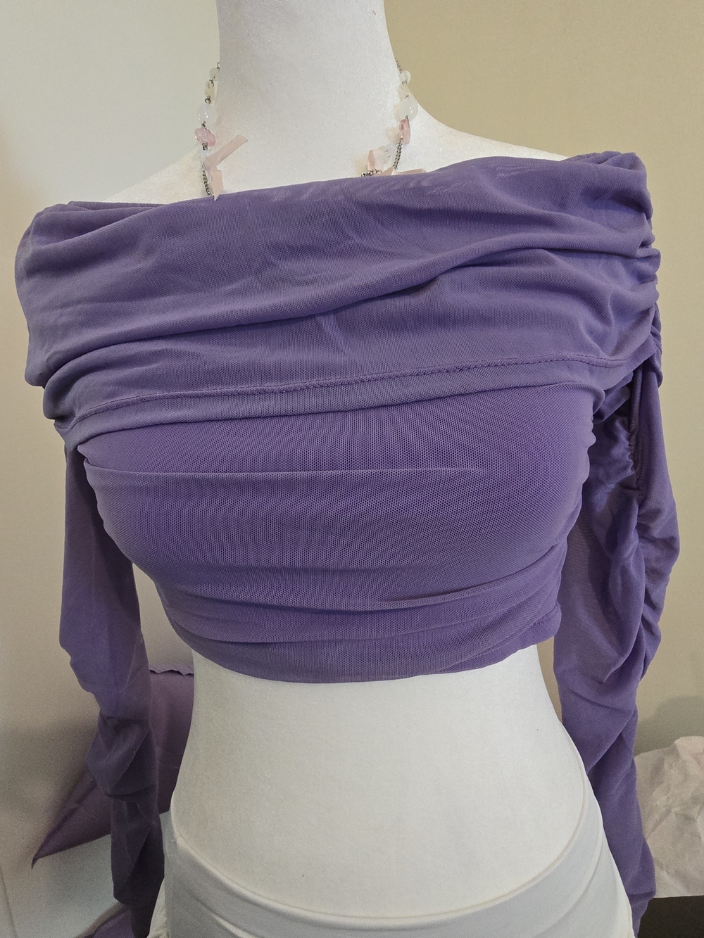 Purple Mesh Multi-Way Wrap Crop Top L Off Shoulder Ruched Long Sleeve Fairycore